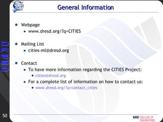 Webpage www.dresd.org/?q=CITiES Mailing List [email_address] Contact To have more information regarding the CITiES Project: [email_address]   For a complete list of information on how to contact us: www.dresd.org/?q=contact_cities General Information 