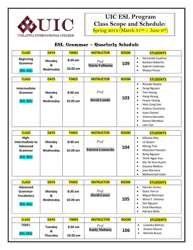 Uic esl teacher student class schedule spring 2014 (march 31st june