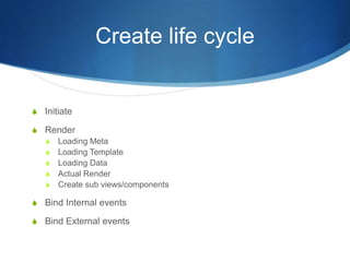 Create life cycle
S Initiate
S Render
S Loading Meta
S Loading Template
S Loading Data
S Actual Render
S Create sub views/components
S Bind Internal events
S Bind External events
 