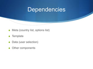 Dependencies
S Meta (country list, options list)
S Template
S Data (user selection)
S Other components
 