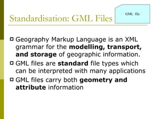 Standardisation: GML Files Geography Markup Language is an XML grammar for the  modelling, transport, and storage  of geographic information. GML files are  standard  file types which can be interpreted with many applications GML files carry both  geometry and attribute  information GML  file 