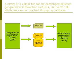 A raster or a vector file can be exchanged between geographical information systems, and vector file attributes can be  reached through a database Raster file Vector file Geographical  Information  System (GIS) Geographical  Information  System (GIS) RDBMS 