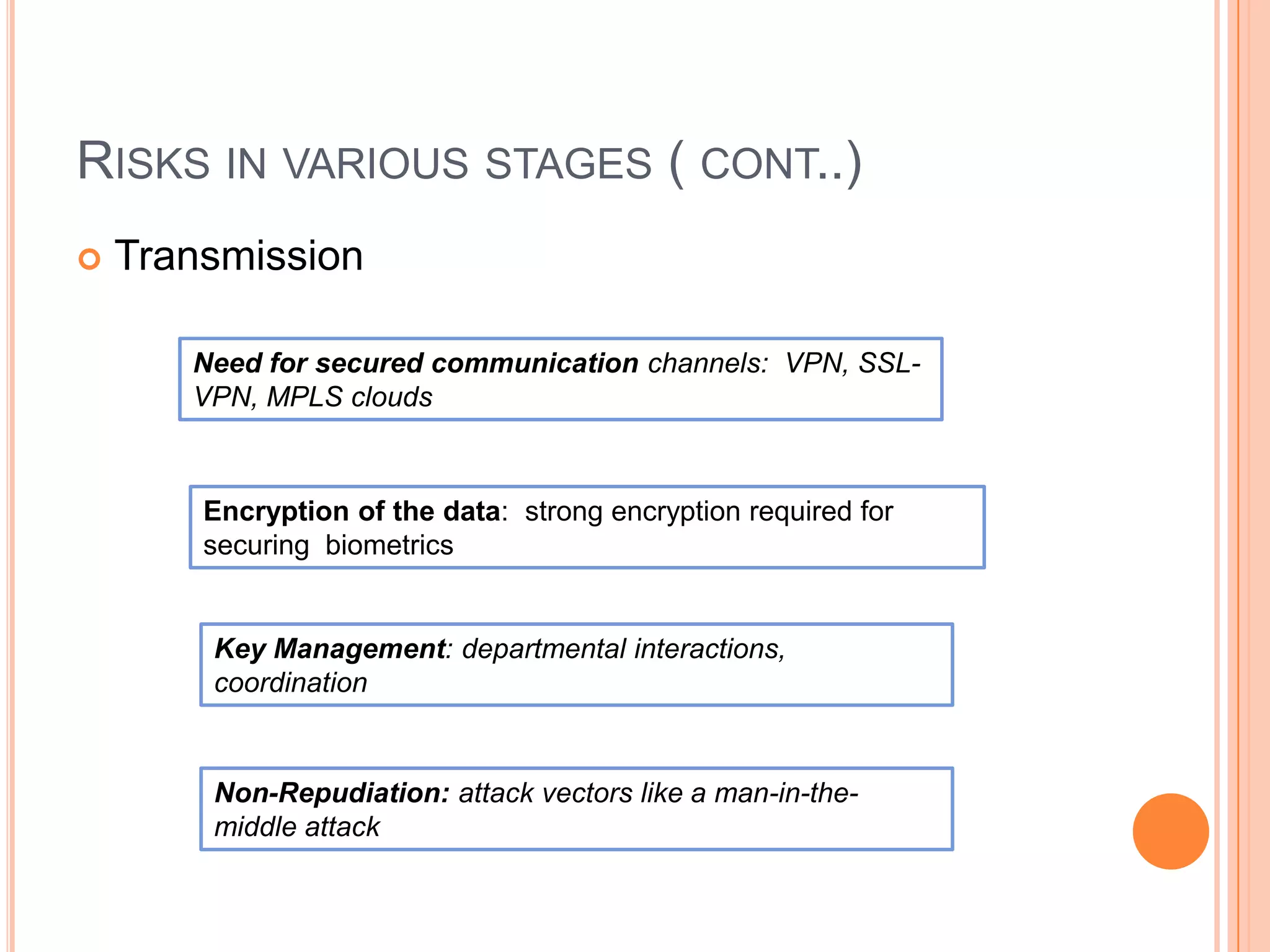 RISKS IN VARIOUS STAGES ( CONT..)
   Transmission

       Need for secured communication channels: VPN, SSL-
       VPN, MPLS clouds



        Encryption of the data: strong encryption required for
        securing biometrics


        Key Management: departmental interactions,
        coordination


        Non-Repudiation: attack vectors like a man-in-the-
        middle attack
 