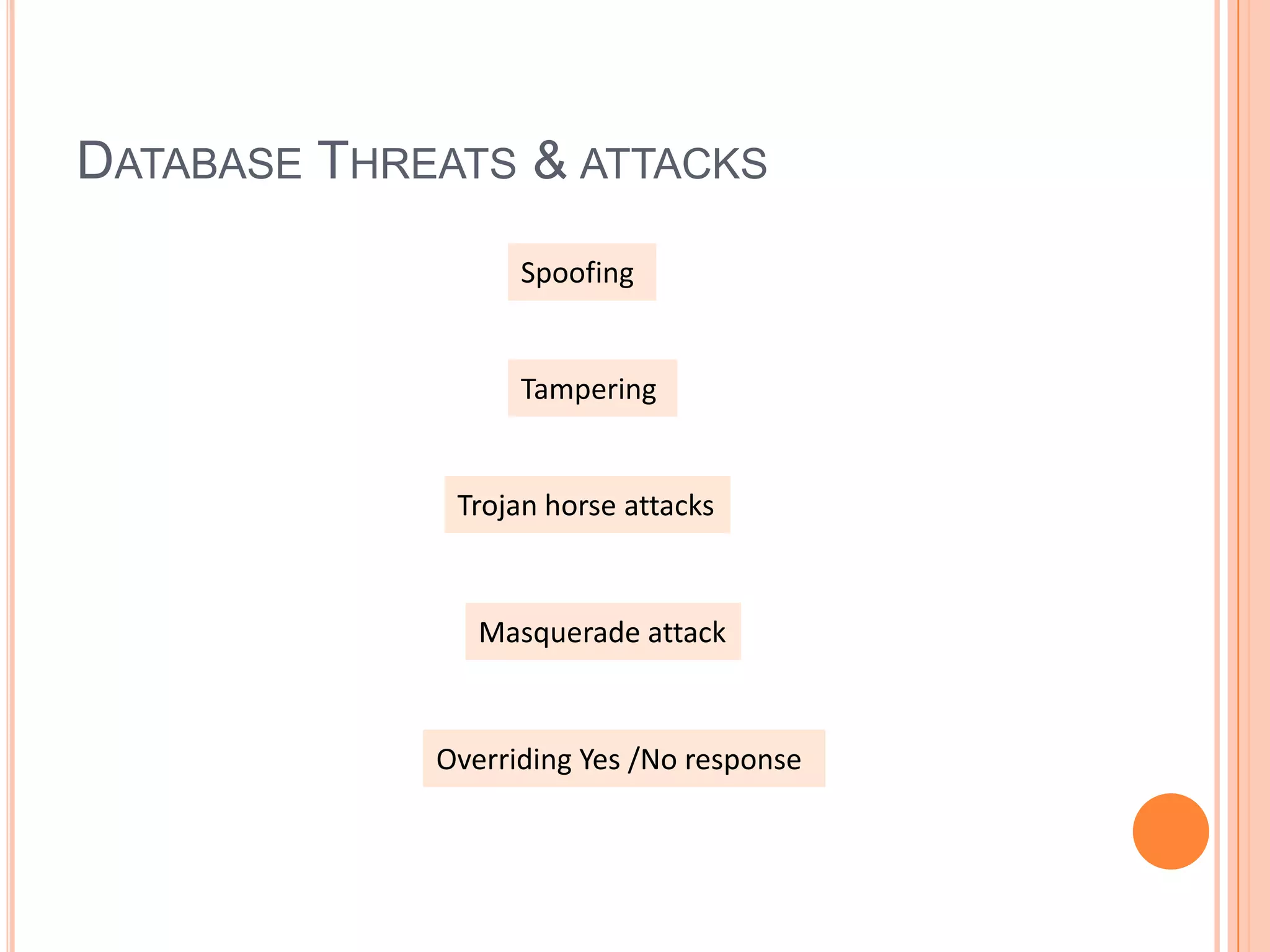 DATABASE THREATS & ATTACKS
                   Spoofing


                   Tampering


              Trojan horse attacks



                Masquerade attack



             Overriding Yes /No response
 
