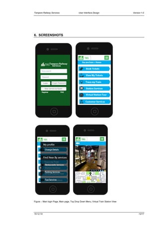 Tampere Railway Services User Interface Design Version 1.0
19.12.14 13/17
6. SCREENSHOTS
Figure :- Main login Page, Main page, Top Drop Down Menu, Virtual Train Station View
 