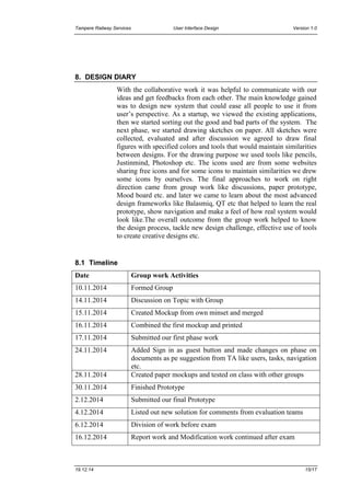 Tampere Railway Services User Interface Design Version 1.0
19.12.14 15/17
8. DESIGN DIARY
With the collaborative work it was helpful to communicate with our
ideas and get feedbacks from each other. The main knowledge gained
was to design new system that could ease all people to use it from
user’s perspective. As a startup, we viewed the existing applications,
then we started sorting out the good and bad parts of the system. The
next phase, we started drawing sketches on paper. All sketches were
collected, evaluated and after discussion we agreed to draw final
figures with specified colors and tools that would maintain similarities
between designs. For the drawing purpose we used tools like pencils,
Justinmind, Photoshop etc. The icons used are from some websites
sharing free icons and for some icons to maintain similarities we drew
some icons by ourselves. The final approaches to work on right
direction came from group work like discussions, paper prototype,
Mood board etc. and later we came to learn about the most advanced
design frameworks like Balasmiq, QT etc that helped to learn the real
prototype, show navigation and make a feel of how real system would
look like.The overall outcome from the group work helped to know
the design process, tackle new design challenge, effective use of tools
to create creative designs etc.
8.1 Timeline
Date Group work Activities
10.11.2014 Formed Group
14.11.2014 Discussion on Topic with Group
15.11.2014 Created Mockup from own minset and merged
16.11.2014 Combined the first mockup and printed
17.11.2014 Submitted our first phase work
24.11.2014 Added Sign in as guest button and made changes on phase on
documents as pe suggestion from TA like users, tasks, navigation
etc.
28.11.2014 Created paper mockups and tested on class with other groups
30.11.2014 Finished Prototype
2.12.2014 Submitted our final Prototype
4.12.2014 Listed out new solution for comments from evaluation teams
6.12.2014 Division of work before exam
16.12.2014 Report work and Modification work continued after exam
 