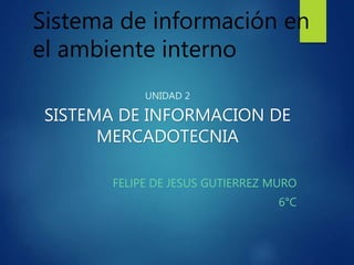 Sistema de información en
el ambiente interno
UNIDAD 2
SISTEMA DE INFORMACION DE
MERCADOTECNIA
FELIPE DE JESUS GUTIERREZ MURO
6°C
 