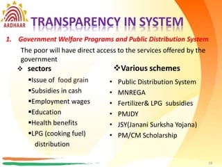 TRANSPARENCY IN SYSTEM
sectors
Issue of food grain
Subsidies in cash
Employment wages
Education
Health benefits
LPG (cooking fuel)
distribution
Various schemes
• Public Distribution System
• MNREGA
• Fertilizer& LPG subsidies
• PMJDY
• JSY(Janani Surksha Yojana)
• PM/CM Scholarship
18
1. Government Welfare Programs and Public Distribution System
The poor will have direct access to the services offered by the
government
TRANSPARENCY IN SYSTEM
 sectors
Issue of food grain
Subsidies in cash
Employment wages
Education
Health benefits
LPG (cooking fuel)
distribution
Various schemes
• Public Distribution System
• MNREGA
• Fertilizer& LPG subsidies
• PMJDY
• JSY(Janani Surksha Yojana)
• PM/CM Scholarship
18
1. Government Welfare Programs and Public Distribution System
The poor will have direct access to the services offered by the
government
 