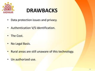 ISSUES
• Data protection issues and privacy.
25
DRAWBACKS
• Data protection issues and privacy.
• Authentication V/S Identification.
• The Cost.
• No Legal Basis.
• Rural areas are still unaware of this technology.
• Un authorized use.
25
 