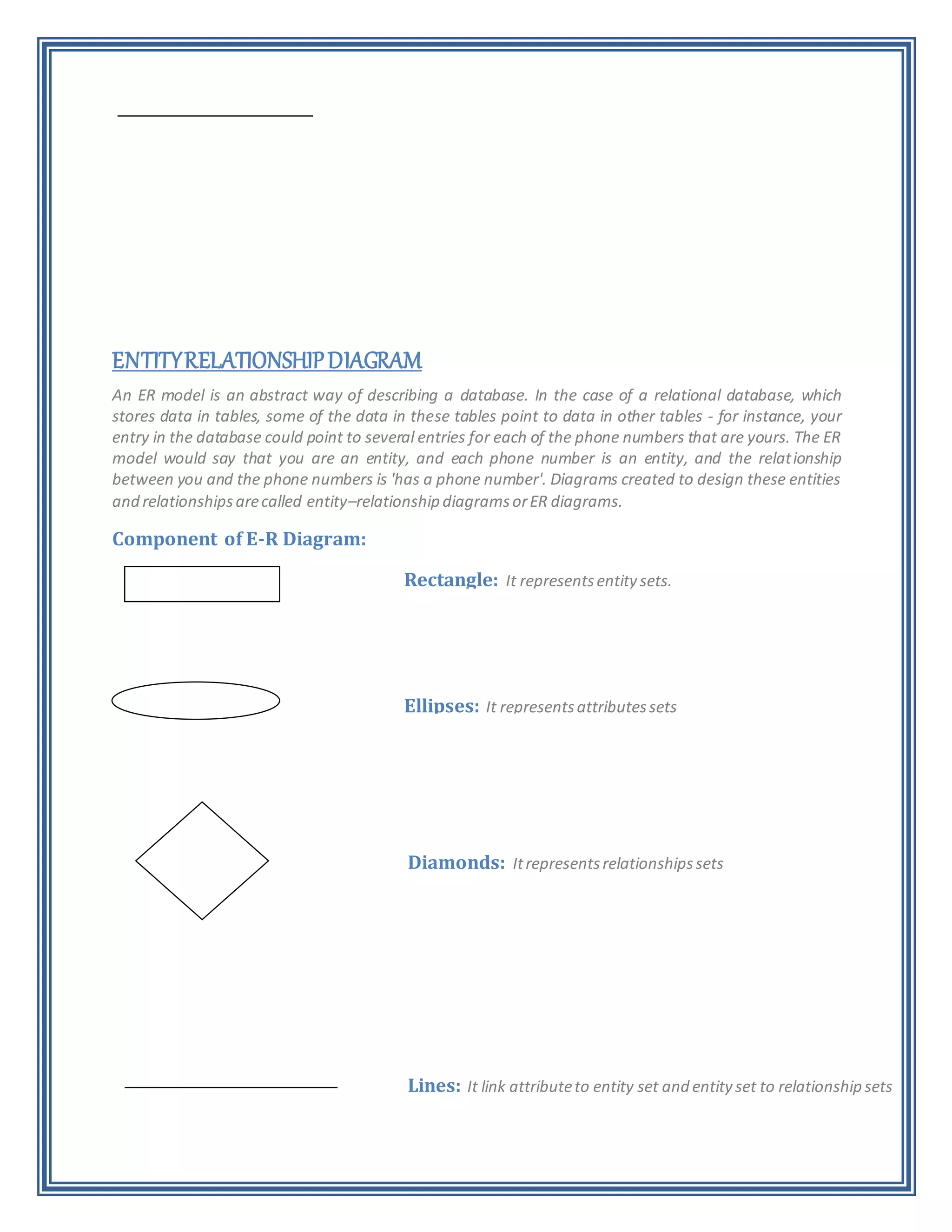 ENTITYRELATIONSHIPDIAGRAM
An ER model is an abstract way of describing a database. In the case of a relational database, which
stores data in tables, some of the data in these tables point to data in other tables - for instance, your
entry in the database could point to several entries for each of the phone numbers that are yours. The ER
model would say that you are an entity, and each phone number is an entity, and the relationship
between you and the phone numbers is 'has a phone number'. Diagrams created to design these entities
and relationshipsarecalled entity–relationship diagramsorER diagrams.
Component of E-R Diagram:
Rectangle: It representsentity sets.
Ellipses: It representsattributessets
Diamonds: Itrepresentsrelationshipssets
Lines: It link attributeto entity set and entity set to relationship sets
 
