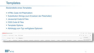  HTML Code mit Platzhaltern
 Substitution Strings (zum Ersetzen der Platzhalter)
 Javascript Code & Files
 CSS Code & Files
 Template Options
 Abhängig vom Typ verfügbare Optionen
12
Bestandteile eines Templates
Templates
 