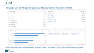 16
Abhängig von der Menge der Spalten wird die Größe der Regionen ermittelt
Grid
Hier: Zwei Regionen nebeneinander, Column Span = Automatic -> 50% der Seitenbreite pro Spalte
 