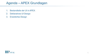 1. Bestandteile der UI in APEX
2. Deklaratives UI Design
3. Erweitertes Design
5
Agenda – APEX Grundlagen
 