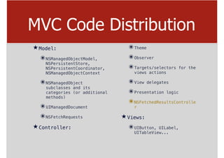 MVC Code Distribution
★Model:
๏NSManagedObjectModel,
NSPersistentStore,
NSPersistentCoordinator,
NSManagedObjectContext
๏NSManagedObject
subclasses and its
categories (or additional
methods)
๏UIManagedDocument
๏NSFetchRequests
★Controller:
๏Theme
๏Observer
๏Targets/selectors for the
views actions
๏View delegates
๏Presentation logic
๏NSFetchedResultsControlle
r
★Views:
๏UIButton, UILabel,
UITableView...
 