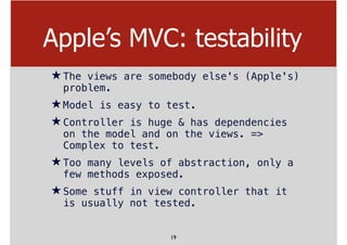 Apple’s MVC: testability
★The views are somebody else's (Apple's)
problem.
★Model is easy to test.
★Controller is huge & has dependencies
on the model and on the views. =>
Complex to test.
★Too many levels of abstraction, only a
few methods exposed.
★Some stuff in view controller that it
is usually not tested.
19
 