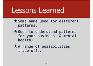 Lessons Learned
★Same name used for different
patterns.
★Good to understand patterns
for your business (& mental
health).
★A range of possibilities =
trade offs.
29
 