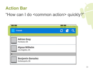 Action Bar
“How can I do <common action> quickly?”




                                          36
 