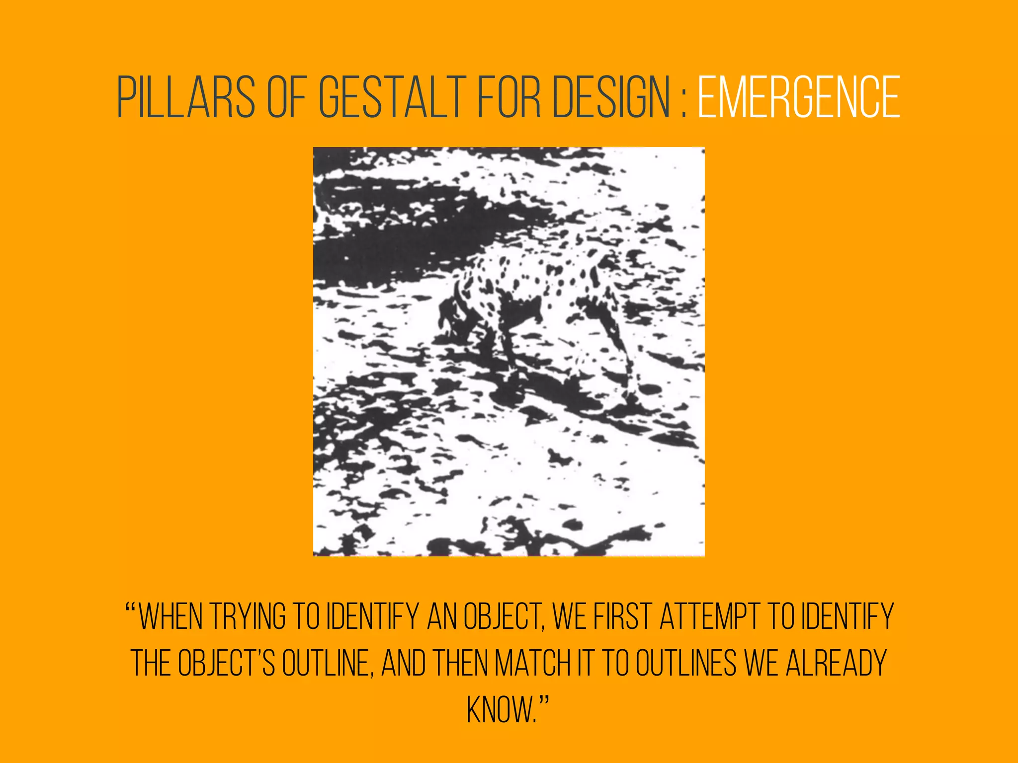 Pillars of Gestalt for Design : Emergence
“When trying to identify an object, we first attempt to identify
the object’s outline, and then match it to outlines we already
know.”
 