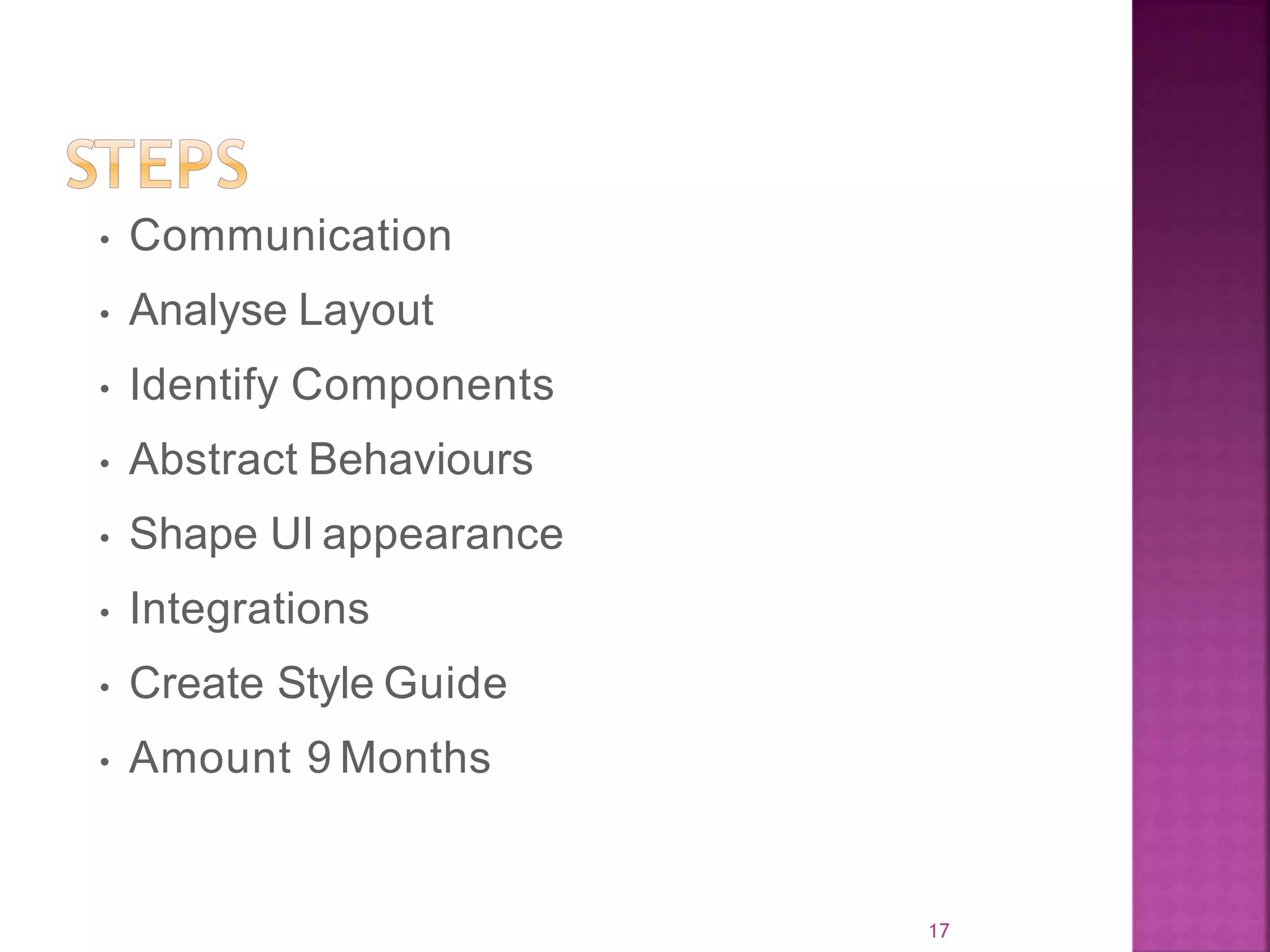 17 • Communication • Analyse Layout • Identify Components • Abstract Behaviours • Shape UI appearance • Integrations • Create Style Guide • Amount 9 Months 
