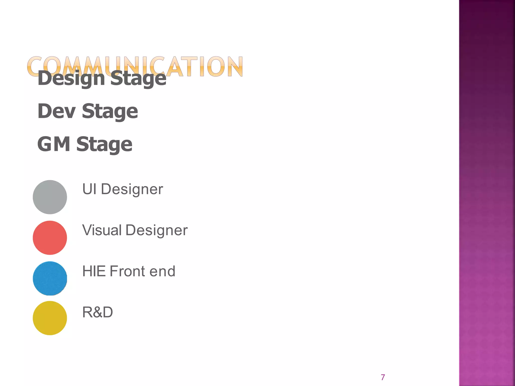 7 Design Stage Dev Stage GM Stage UI Designer Visual Designer HIE Front end R&D 