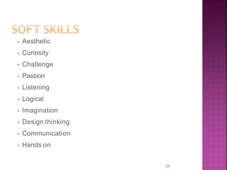 29
• Aesthetic
• Curiosity
• Challenge
• Passion
• Listening
• Logical
• Imagination
• Design thinking
• Communication
• Hands on
 