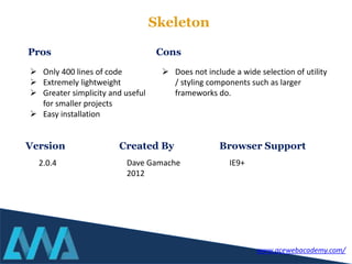 Skeleton
 Only 400 lines of code
 Extremely lightweight
 Greater simplicity and useful
for smaller projects
 Easy installation
 Does not include a wide selection of utility
/ styling components such as larger
frameworks do.
Pros Cons
Version
2.0.4
Created By Browser Support
Dave Gamache
2012
IE9+
www.acewebacademy.com/
 
