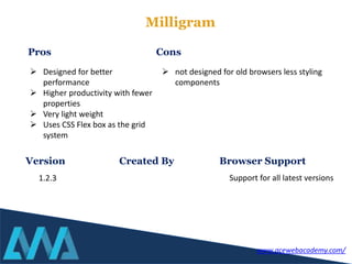 Milligram
 Designed for better
performance
 Higher productivity with fewer
properties
 Very light weight
 Uses CSS Flex box as the grid
system
 not designed for old browsers less styling
components
Pros Cons
Version
1.2.3
Created By Browser Support
Support for all latest versions
www.acewebacademy.com/
 