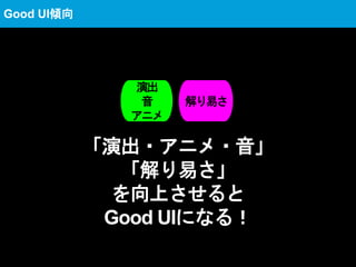 解り易さ
「演出・アニメ・音」
「解り易さ」
を向上させると
Good UIになる！
演出
音
アニメ
Good UI傾向
 