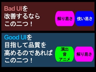 解り易さ
Bad UIを
改善するなら
この二つ！
演出
音
アニメ
解り易さ 使い易さ
Good UIを
目指して品質を
高めるのであれば
この二つ！
 