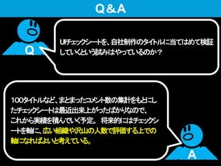 UIチェックシートを、自社制作のタイトルに当てはめて検証
していくという試みはやっているのか？
１００タイトルなど、まとまったコメント数の集計をもとにし
たチェックシートは最近出来上がったばかりなので、
これから実績を積んでいく予定。 将来的にはチェックシ
ートを軸に、広い組織や沢山の人数で評価する上での
軸になればよいと考えている。
Q
A
Q＆A
 