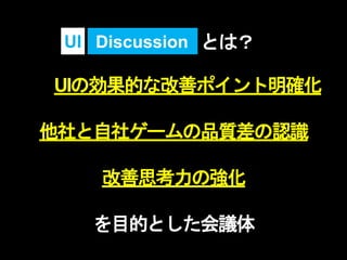 ③ UIの効果的な改善ポイント明確化
他社と自社ゲームの品質差の認識
改善思考力の強化
を目的とした会議体
DiscussionUI とは？
 