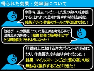 品質向上における注力ポイントが明確に
なり、作業優先度を絞りやすくなった！
結果 マイルストーンごとに質の高いUIを
無駄なく製作することができた！
制作時、過去にレビューした質の高いUIを参照
することによって思考に費やす時間を短縮化。
結果デザイン作業のゴールに早く到達できた！
他社ゲームの課題について修正案を考える事で、
改善思考力を強化！結果他者に指導を仰がず
とも課題解決できるようになった！
得られた効果：効率面について
 