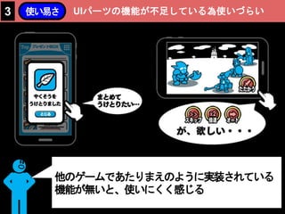 UIパーツの機能が不足している為使いづらい3 使い易さ
他のゲームであたりまえのように実装されている
機能が無いと、使いにくく感じる
 