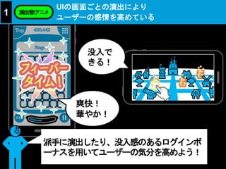 爽快！
華やか！
UIの画面ごとの演出により
ユーザーの感情を高めている
1 演出/音/アニメ
派手に演出したり、没入感のあるログインボ
ーナスを用いてユーザーの気分を高めよう！
 