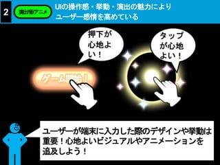 UIの操作感・挙動・演出の魅力により
ユーザー感情を高めている
2 演出/音/アニメ
ユーザーが端末に入力した際のデザインや挙動は
重要！心地よいビジュアルやアニメーションを
追及しよう！
 