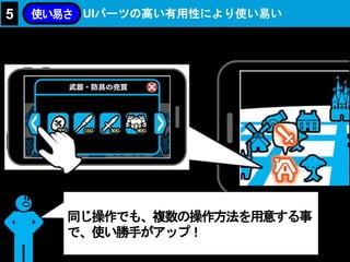 UIパーツの高い有用性により使い易い5 使い易さ
同じ操作でも、複数の操作方法を用意する事
で、使い勝手がアップ！
 
