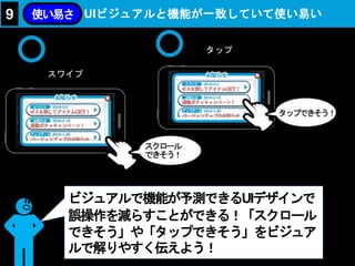 UIビジュアルと機能が一致していて使い易い9 使い易さ
ビジュアルで機能が予測できるUIデザインで
誤操作を減らすことができる！「スクロール
できそう」や「タップできそう」をビジュア
ルで解りやすく伝えよう！
 