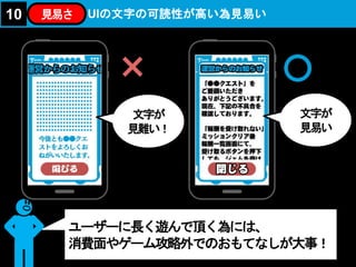 UIの文字の可読性が高い為見易い
ユーザーに長く遊んで頂く為には、
消費面やゲーム攻略外でのおもてなしが大事！
10 見易さ
×
文字が
見難い！
文字が
見易い
 