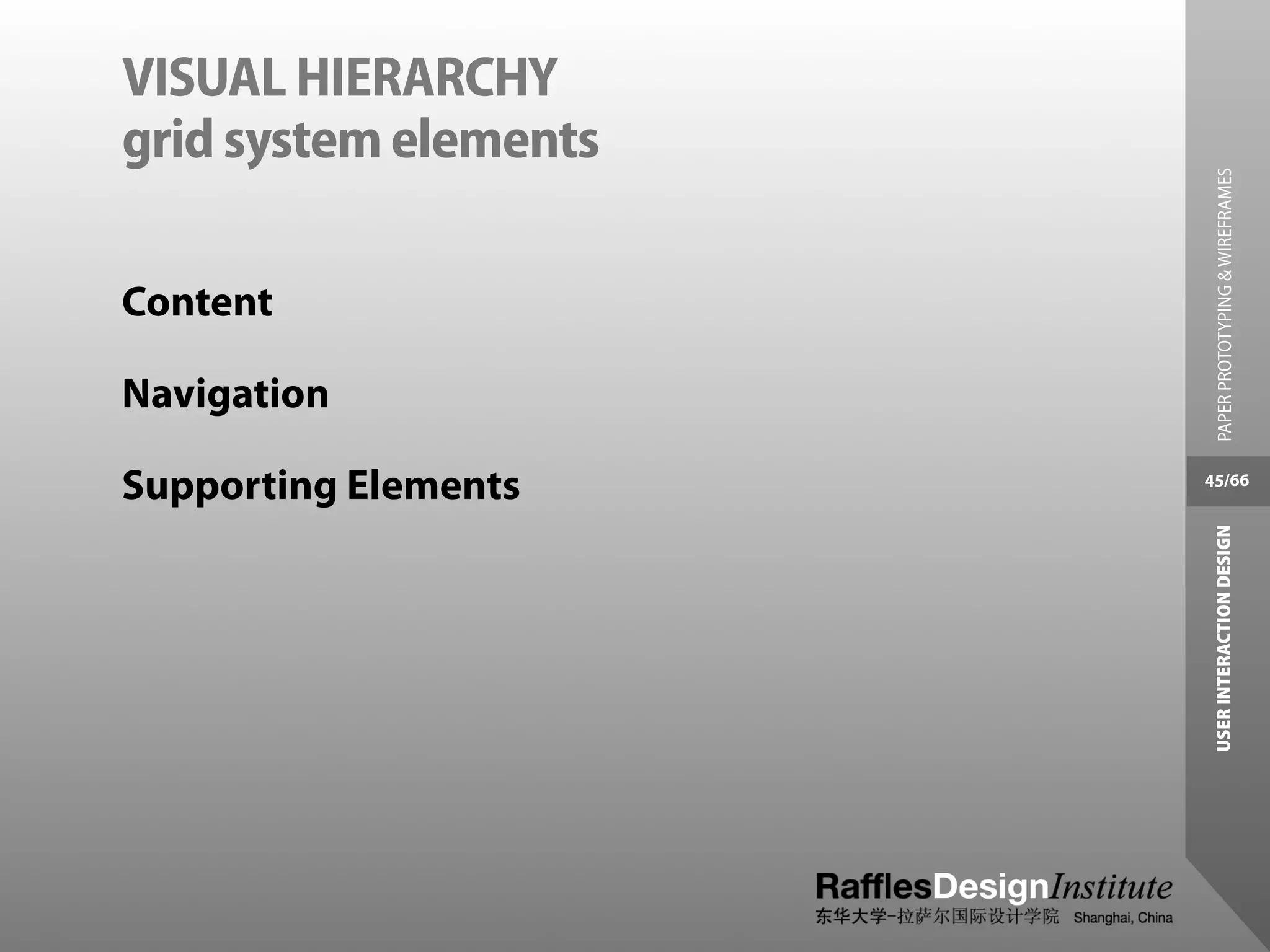 VISUAL HIERARCHY
grid system elements




                         PAPER PROTOTYPING & WIREFRAMES
Content

Navigation

Supporting Elements    45/66




                        USER INTERACTION DESIGN
 