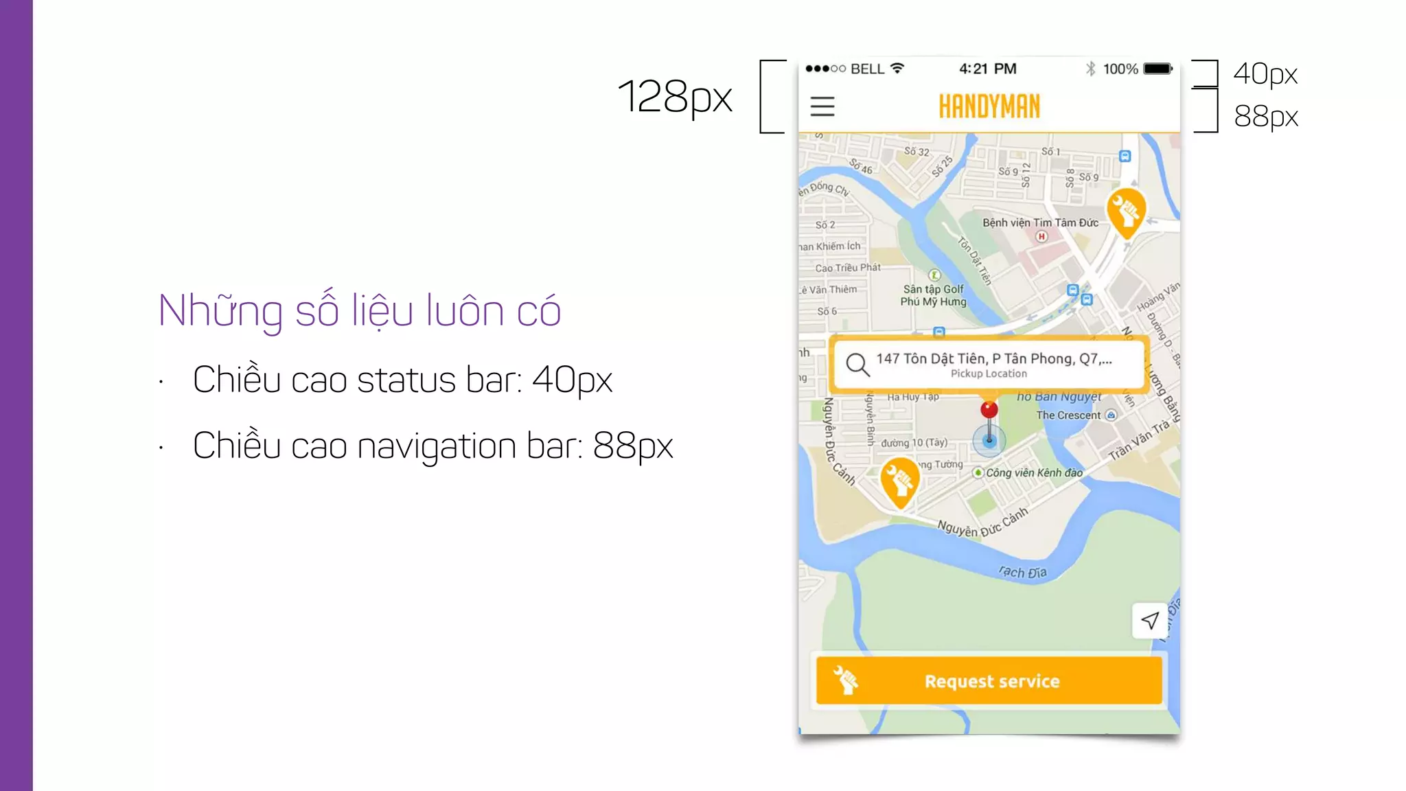 128px
40px
88px
Những số liệu luôn có
• Chiều cao status bar: 40px
• Chiều cao navigation bar: 88px
 