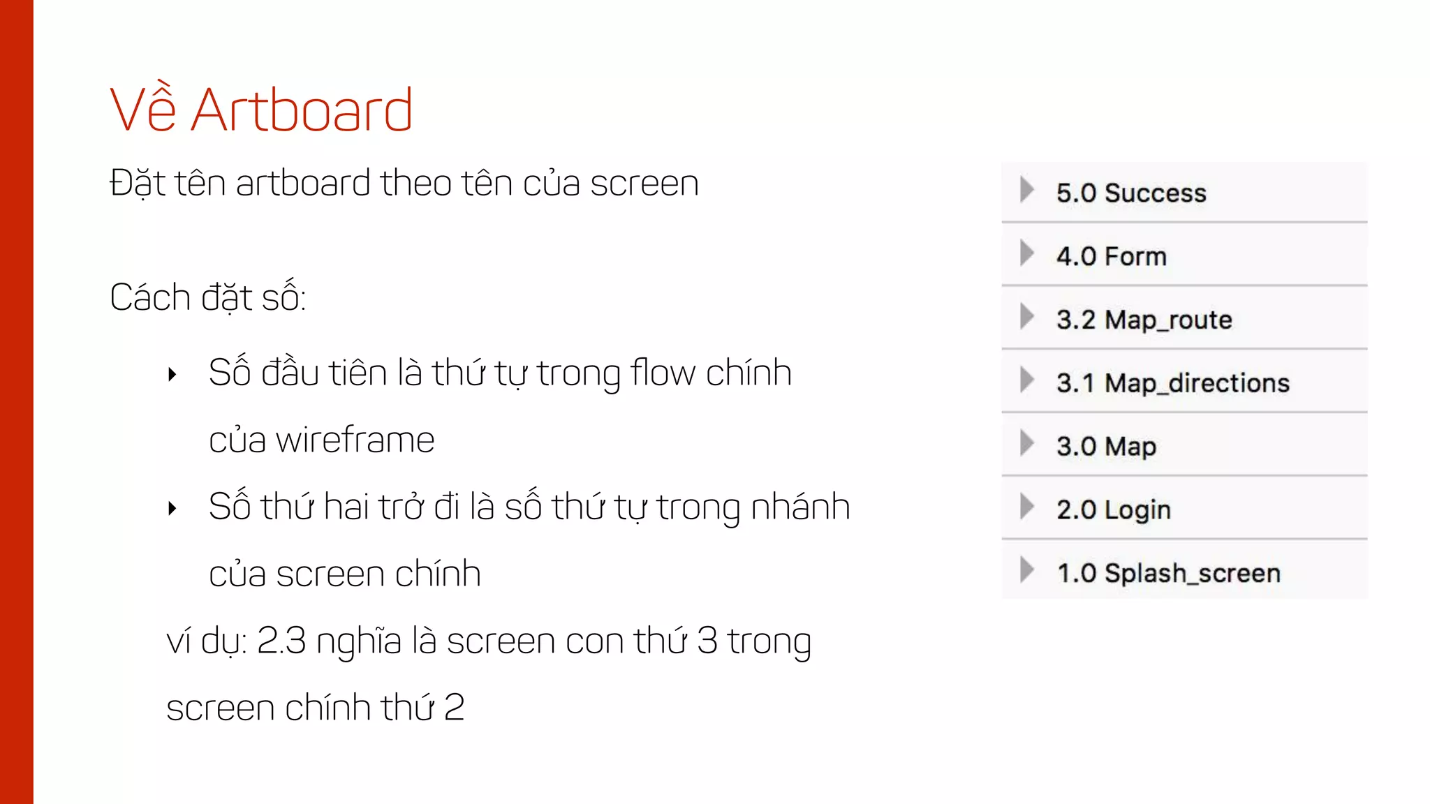 Đặt tên artboard theo tên của screen
Về Artboard
Cách đặt số:
‣ Số đầu tiên là thứ tự trong ﬂow chính
của wireframe
‣ Số thứ hai trở đi là số thứ tự trong nhánh
của screen chính
ví dụ: 2.3 nghĩa là screen con thứ 3 trong
screen chính thứ 2
 