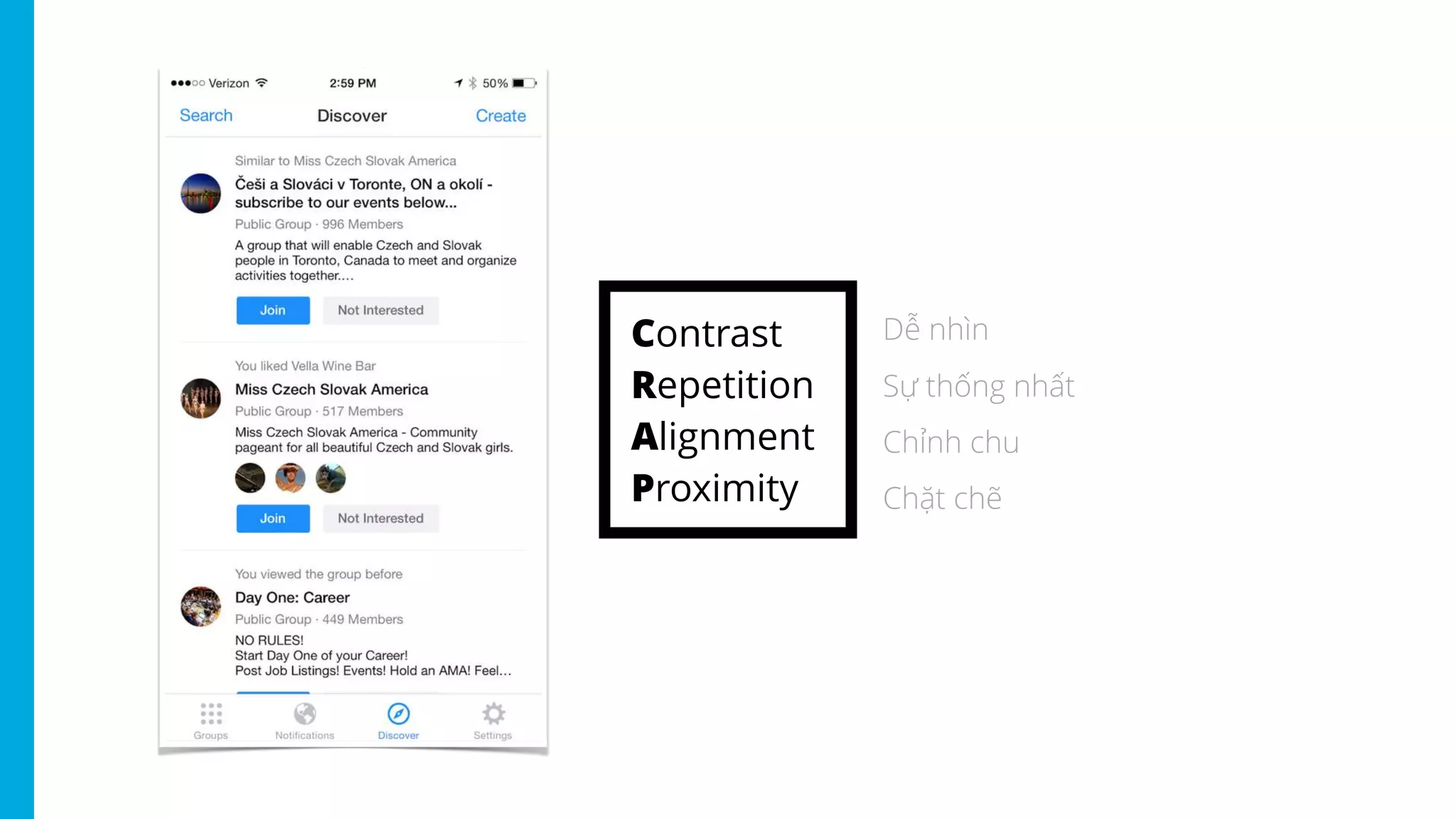 Contrast
Repetition
Alignment
Proximity
Dễ nhìn
Sự thống nhất
Chỉnh chu
Chặt chẽ
 
