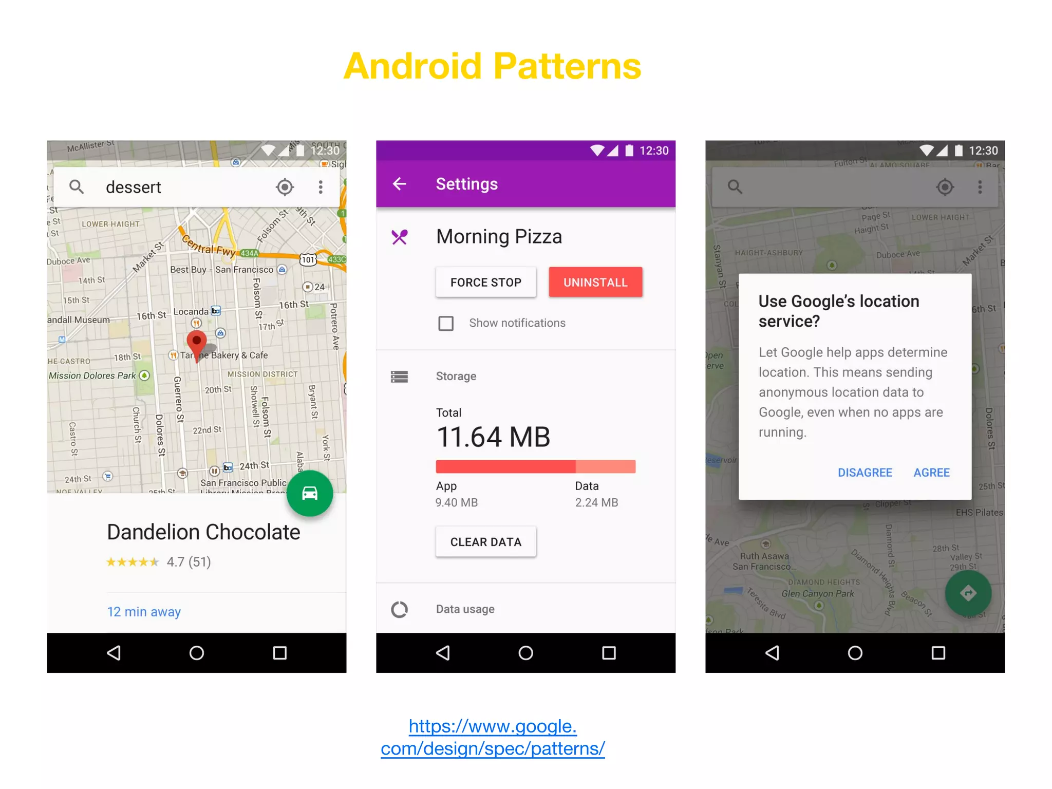 https://www.google.
com/design/spec/patterns/
Android Patterns
 