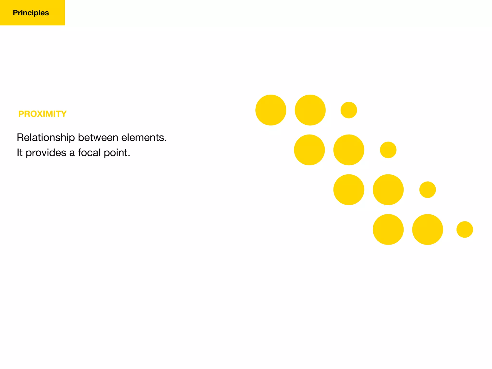 PROXIMITY
Relationship between elements.
It provides a focal point.
Principles
 