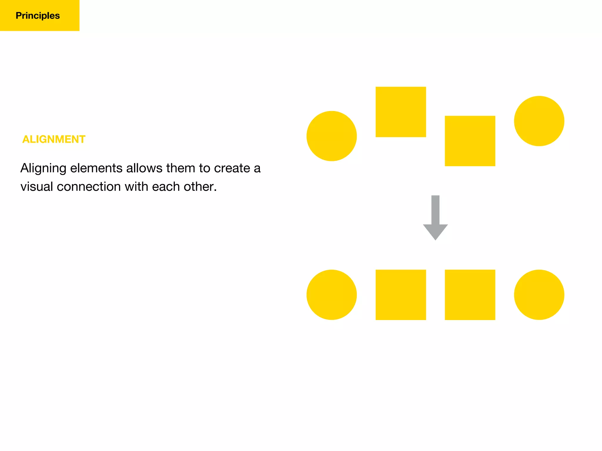 ALIGNMENT
Aligning elements allows them to create a
visual connection with each other.
Principles
 