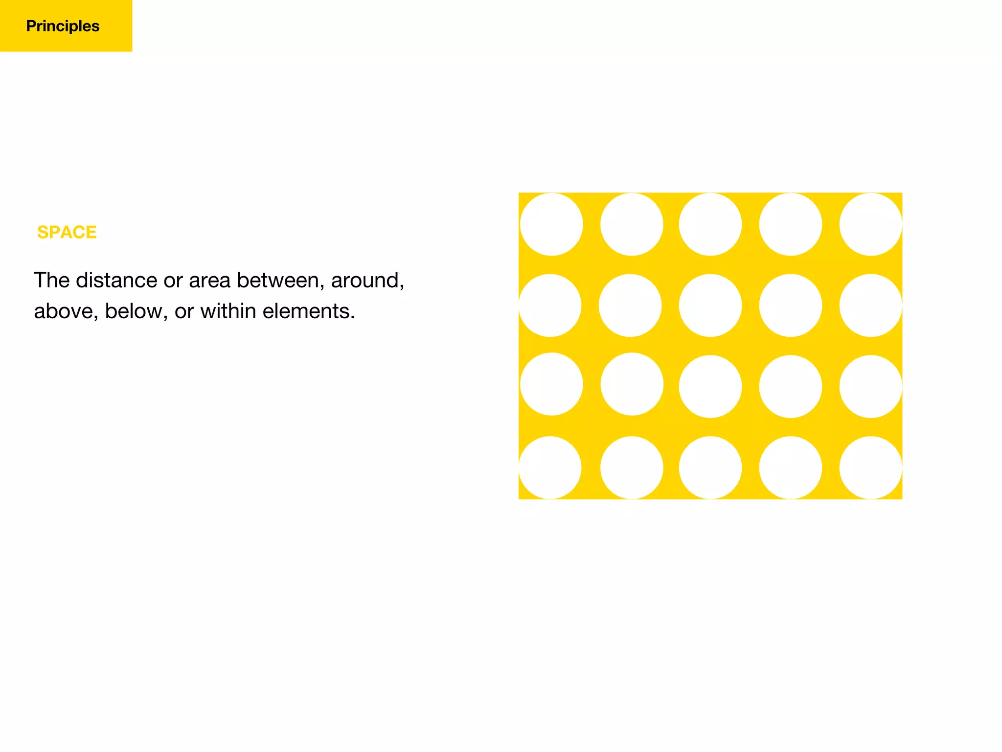 SPACE
The distance or area between, around,
above, below, or within elements.
Principles
 