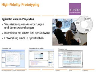 High-Fidelity Prototyping


Typische Ziele in Projekten                                                                                                                     (Re-)Design
                                                                                                                                                 Prototype

                                                                                                                                 Analyze

•      Visualisierung von Anforderungen                                                                                          Results



       und deren Auswirkungen                                                                                                                    Evaluate
                                                                                                                                                Prototype

•      Interaktion mit einem Teil der Software
•      Entwicklung einer UI Spezifikation


Prototyping Tool                                               Prototyping mit GUI Builder
                                                                                                   Prototyping Tool




User Interface Engineering in der Praxis | Dr. Thomas Memmel                                 1. Mai 2011              Folie 26             © Zühlke 2011
 