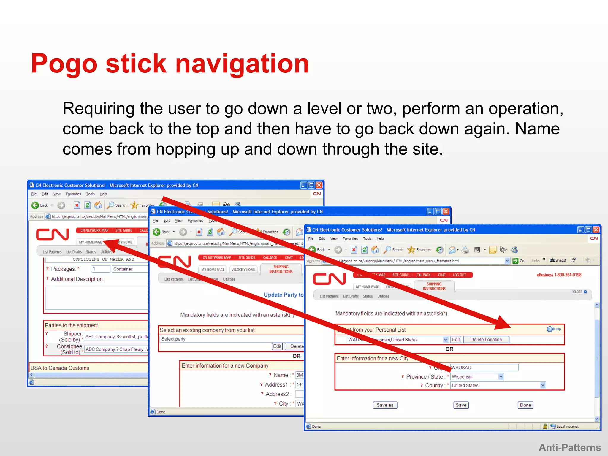 Requiring the user to go down a level or two, perform an operation, come back to the top and then have to go back down again. Name comes from hopping up and down through the site. Pogo stick navigation Anti-Patterns 