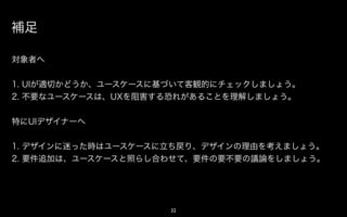 補足

対象者へ


1. UIが適切かどうか、アクションに基づいて客観的にチェックしましょう。
2. 不要なアクションは、UXを阻害する恐れがあることを理解しましょう。


特にUIデザイナーへ


1. デザインに迷った時はアクションに立ち戻り、デザインの理由を考えましょう。
2. 要件追加は、アクションと照らし合わせて、要件の要不要の議論をしましょう。




                    22
 