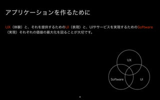 アプリケーションを作るために

UX（体験）と、それを提供するためのUI（表現）と、UIやサービスを実現するための
Software（実現）それぞれの価値の最大化を図ることが大切です。




                                           UX




                                Software        UI




                      4
 